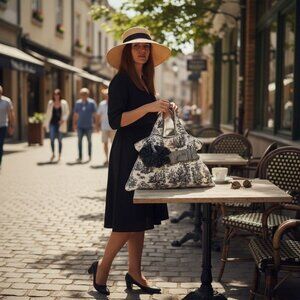 Handmade Black & White Toile & Houndstooth Tote Bag With Ruffled Detail & Gold T